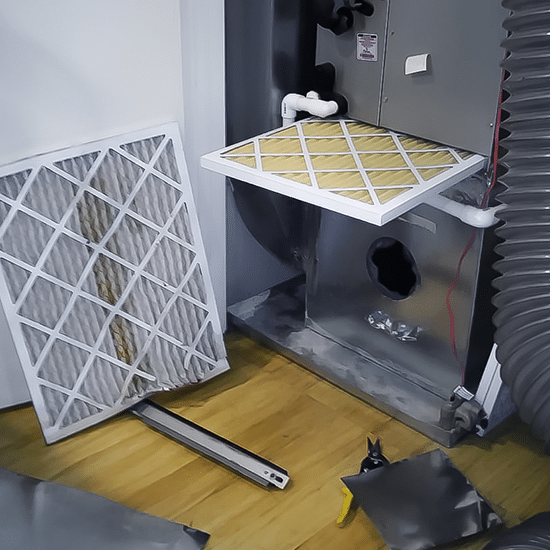 A large HVAC air filter with a white geometric pattern stands upright on a wooden floor next to industrial equipment in a utility room. The filter is positioned beside a metal duct or furnace unit with a yellow pleated filter visible on top. Various HVAC components and tools are scattered on the floor, including what appears to be ductwork and maintenance equipment.
