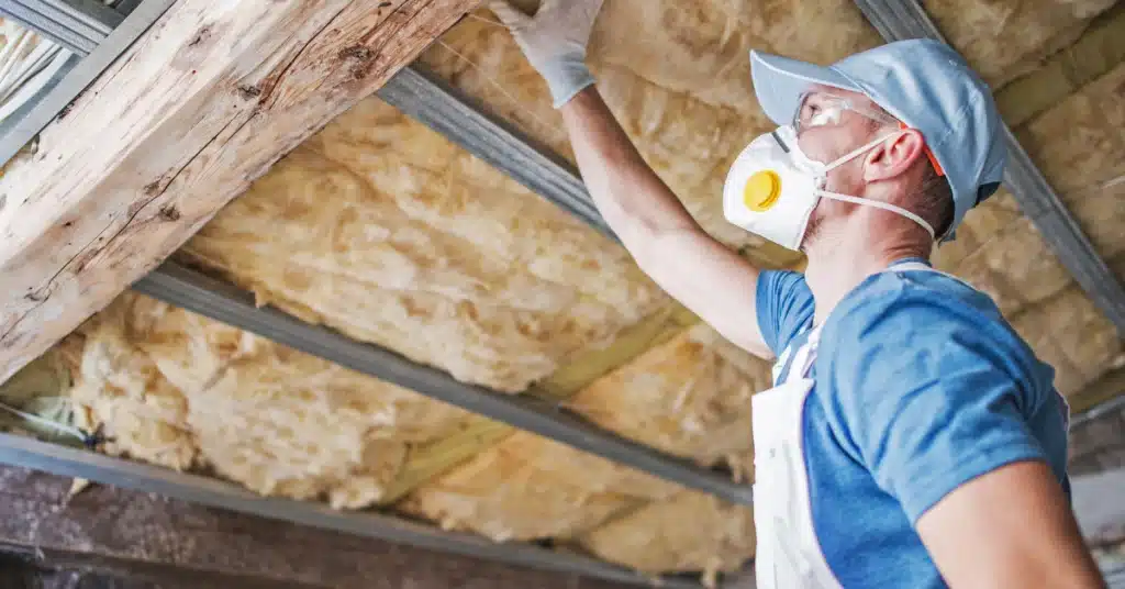 A worker wearing a blue shirt, light blue cap, protective glasses, and white respiratory mask with a yellow filter inspects fiberglass insulation batts installed between wooden ceiling joists. The person is reaching upward to examine or adjust the pale yellow insulation material in what appears to be an attic or crawl space renovation or construction project.