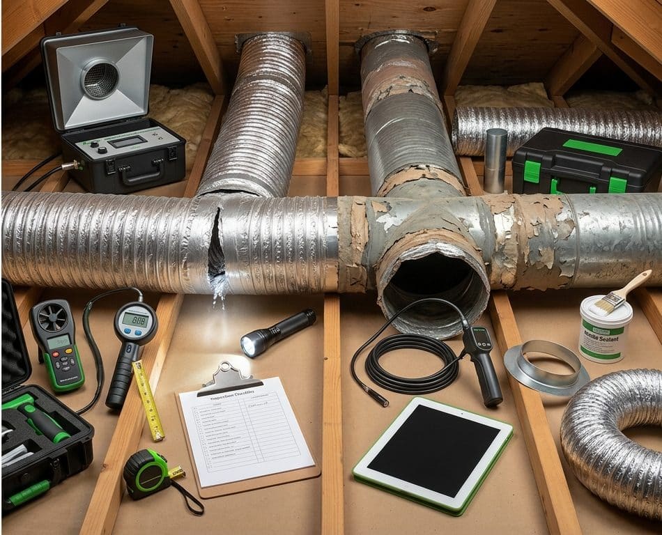 A professional HVAC inspection kit organized in wooden compartments, featuring damaged ductwork with visible tears and deterioration, alongside diagnostic tools including moisture meters, a thermal imaging camera, flashlight, measuring tape, clipboard with inspection form, tablet device, sealant, and coiled flexible ducting. The setup demonstrates equipment used for residential or commercial air duct assessment and maintenance work.