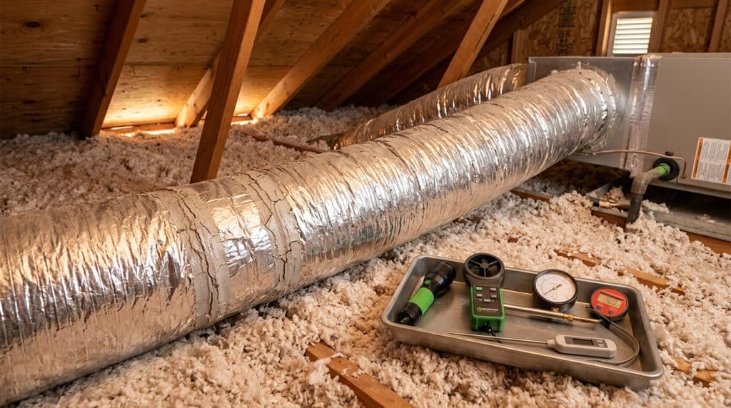 An attic space showing an HVAC ductwork inspection setup with a flexible silver insulated duct running across insulation material, accompanied by various diagnostic tools on a tan tray including a digital anemometer, thermometer, and other measuring instruments used for air quality and ventilation assessment.