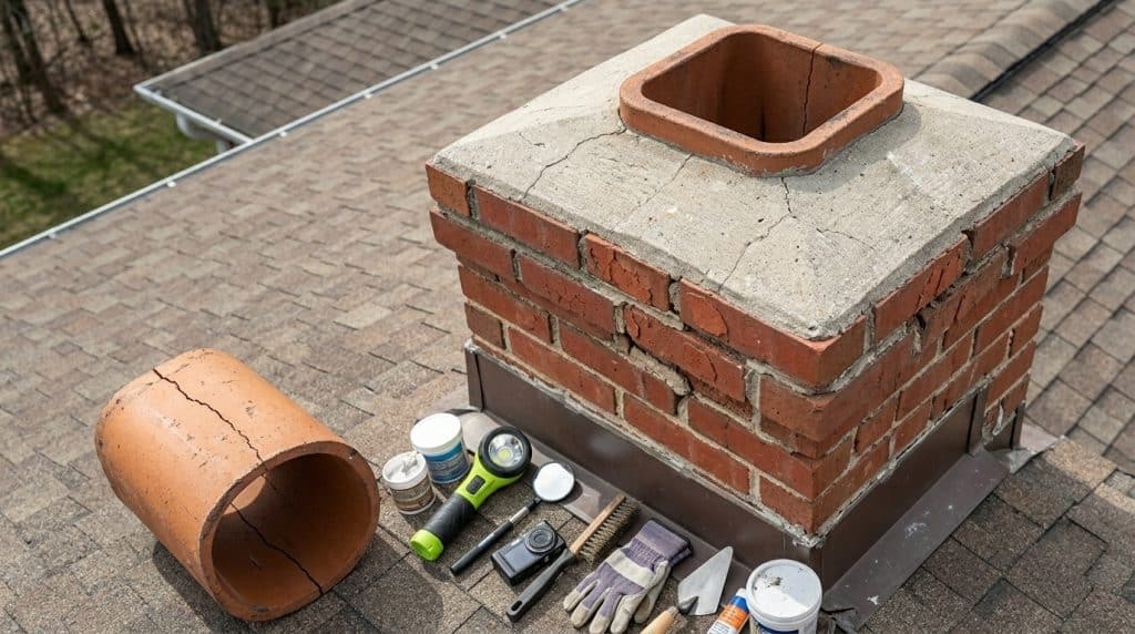 A brick chimney under repair sits on a residential roof with asphalt shingles, displaying a broken clay pipe section alongside the chimney structure. Various repair tools and materials are organized on the roof surface, including caulking guns, brushes, gloves, and sealant containers. In the background, a metal roof flashing and gutters are visible, indicating active home maintenance work.