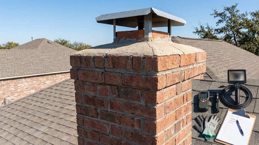 A brick chimney with a metal cap and rain cover stands on a residential roofline, with inspection equipment including a thermal imaging camera, moisture meter, and clipboard laid out on the roof surface in the foreground. The gray asphalt shingle roof extends across the frame with neighboring houses visible in the background under clear blue sky. This appears to be documentation of a professional chimney or home inspection in progress.