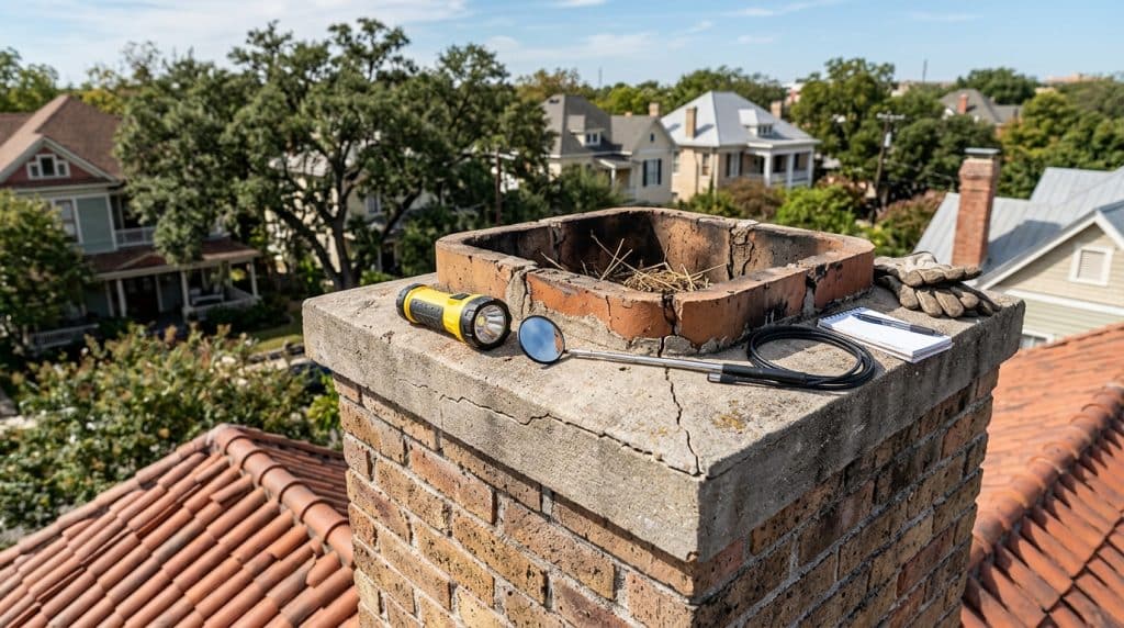 A chimney inspection in progress on a residential rooftop, with a flashlight, mirror, and inspection clipboard placed on top of a brick chimney. In the background, several Victorian-style homes with mature trees are visible in a tree-lined neighborhood, showcasing a typical suburban residential setting.