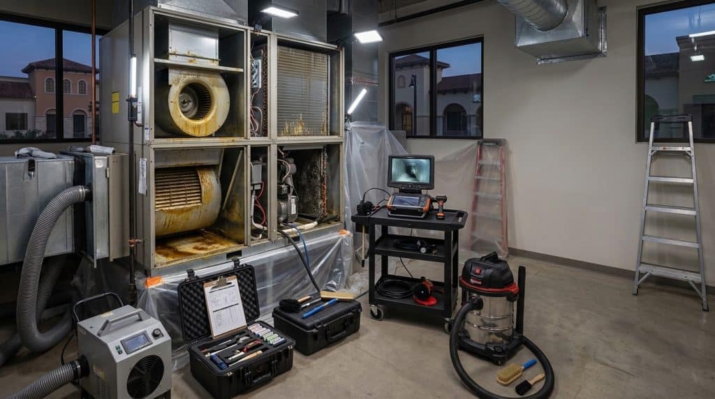 A professional testing and inspection laboratory features large industrial equipment including dual blower units mounted in metal frames, diagnostic instruments in carrying cases, monitoring devices on a workstation desk, and wet/dry vacuum equipment. The modern facility has polished concrete flooring, overhead ventilation systems, large windows overlooking an Italian-style courtyard, and a stepladder for equipment access. The setup appears designed for HVAC, air quality, or building system diagnostics and maintenance work.