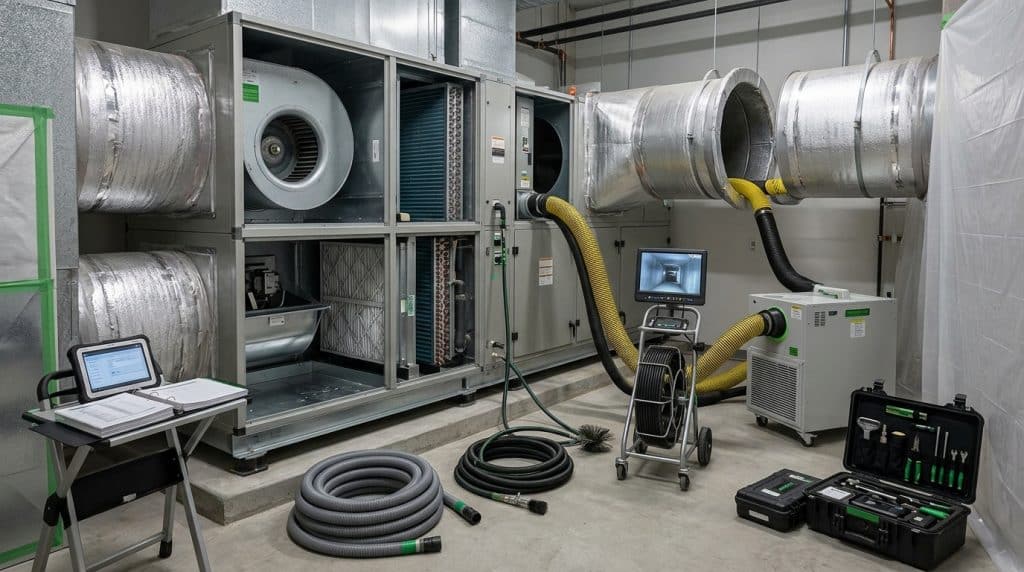 A professional HVAC testing facility displays large industrial air handling units with white circular fans mounted in metal enclosures on the left and right sides, connected by yellow and black flexible ducting to a portable dehumidification unit in the center. Various testing equipment including coiled flexible ducts, a laptop workstation, tablet monitor, and a black toolbox with green-handled tools are arranged on the concrete floor. The setup appears designed for performance testing, calibration, and maintenance of commercial ventilation and climate control systems.
