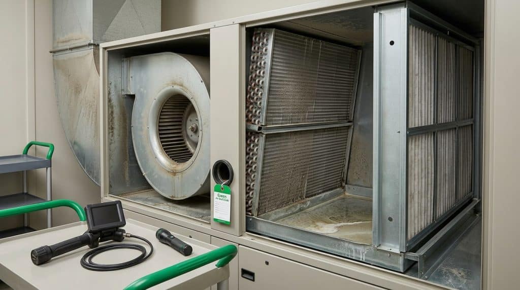 Industrial HVAC testing chamber with large circular fan unit on the left side and heat exchanger coils visible on the right, showing metal fins and louvers. A diagnostic thermal imaging camera and handheld testing equipment sit on the workbench in the foreground. The chamber features metal framework and inspection windows, used for evaluating air conditioning and ventilation system performance.