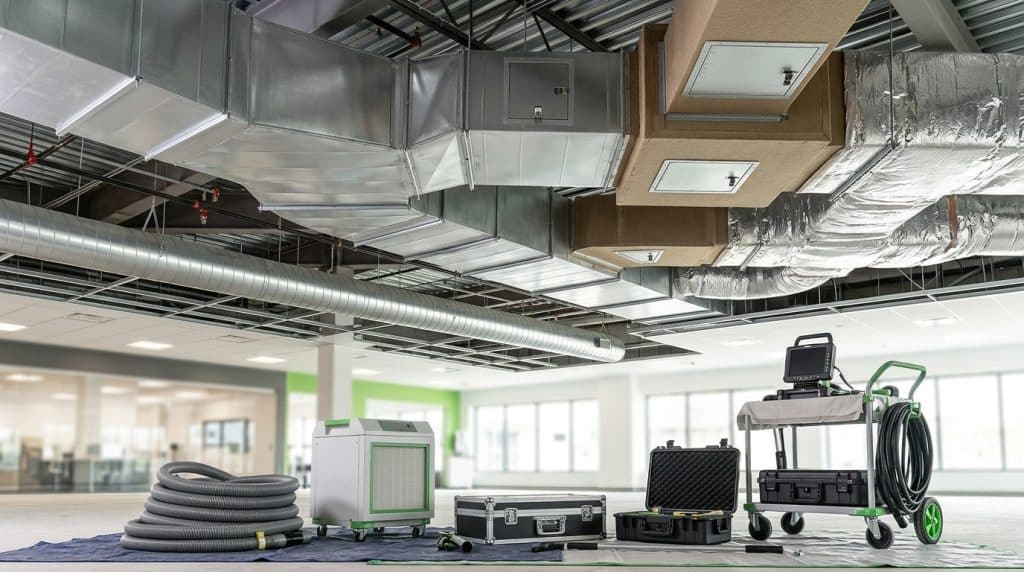 A professional water damage restoration and remediation equipment setup displayed in a modern commercial space with exposed ceiling ducts and skylights. The equipment includes industrial-grade dehumidifiers, air movers on green carts, coiled flexible ducting, hard cases for tools and meters, and specialized restoration gear arranged on a blue tarp. The bright, clean environment with large windows and professional infrastructure suggests this is a restoration company's facility or showroom.