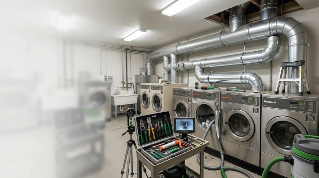 A commercial laundry facility featuring multiple industrial washing machines and dryers lined up along the wall, with large metal ventilation ducts running across the ceiling. In the foreground, diagnostic equipment including a tripod-mounted camera and an open toolbox with various instruments are positioned for equipment testing or maintenance. The bright, clean facility is equipped with professional-grade appliances branded with names like Huebsch, alongside utility sinks and a stepladder.