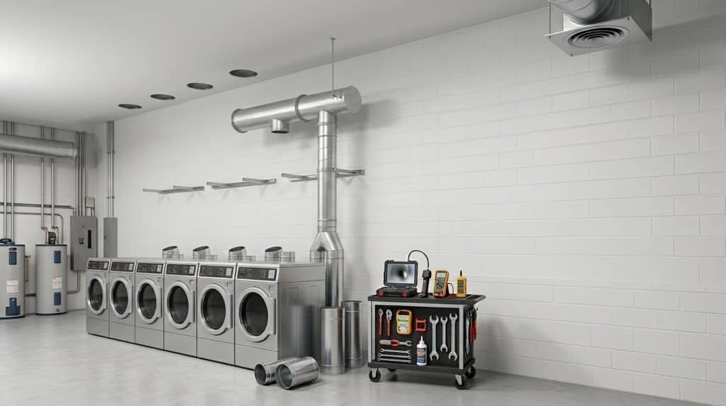 A professional laundry facility featuring a row of six industrial washing machines along the left wall, with a large metal ventilation duct system mounted overhead for air circulation. On the right side, a mobile tool cart equipped with various maintenance tools and diagnostic equipment sits ready for service. The space has clean white brick walls, recessed ceiling lights, and overhead air vents, suggesting a commercial or institutional laundry operation designed for efficiency and maintenance.