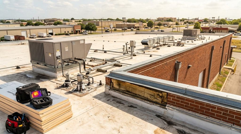 A thermal imaging camera and tools sit on stacked materials in the foreground of a commercial flat roof, with HVAC equipment, ductwork, and rooftop infrastructure visible across the surface. The brick building's parapet wall runs along the right side, and the expansive flat roof stretches toward industrial buildings and warehouses in the background under a partly cloudy sky. This appears to be a rooftop inspection or maintenance site, likely for energy auditing or HVAC system evaluation.