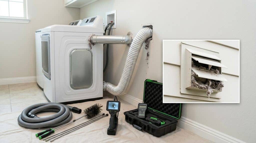 A professional dryer vent cleaning setup is displayed in a laundry room, featuring a white dryer connected to a flexible aluminum duct that runs to an exterior wall vent. Various specialized cleaning tools are arranged on the floor, including inspection cameras, brushes, rods, and diagnostic equipment in black carrying cases. An inset image shows a clogged exterior dryer vent filled with lint buildup, illustrating the importance of regular vent maintenance.
