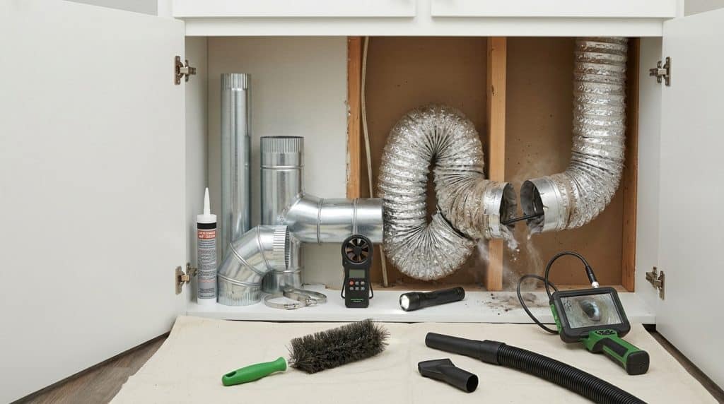 A collection of HVAC and duct cleaning tools organized in and around an open cabinet, including flexible silver ductwork, a digital anemometer, inspection camera with green display monitor, flashlight, cleaning brushes, and flexible tubing, demonstrating professional air quality and ventilation system maintenance equipment.