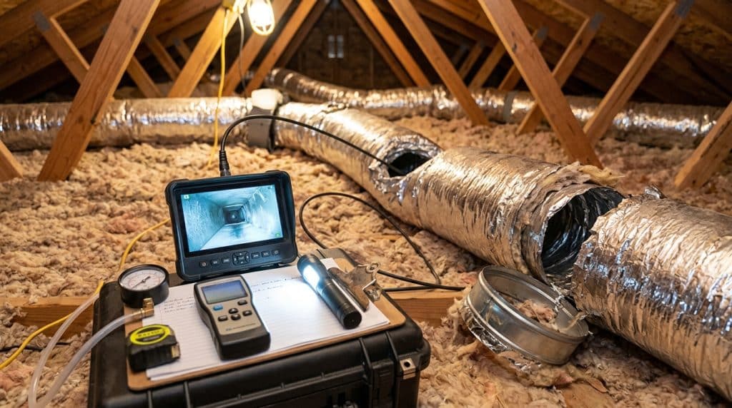 A professional inspection setup in an attic space shows diagnostic equipment including a digital monitor displaying an internal ductwork view, a handheld meter, level, and flashlight arranged on a case, with insulated HVAC ducts and wooden roof framing visible in the background under artificial lighting.