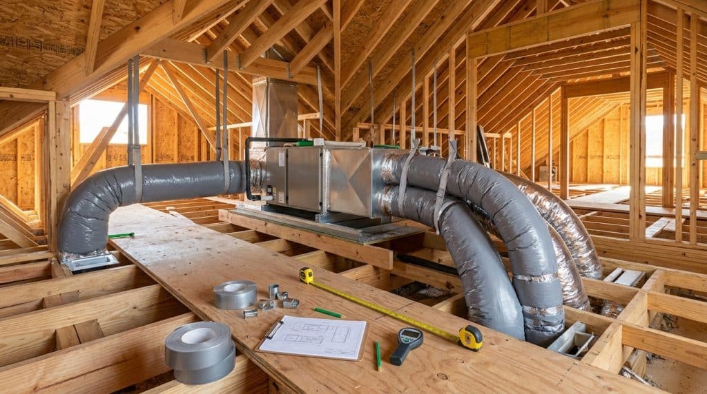 Interior of a new residential construction showing HVAC system installation with large insulated metal ductwork running through wooden framing. The unfinished space displays exposed wooden beams and studs, with construction tools and blueprints visible on wooden joists in the foreground. Bright natural light streams through window openings, illuminating the skeleton of the house frame.