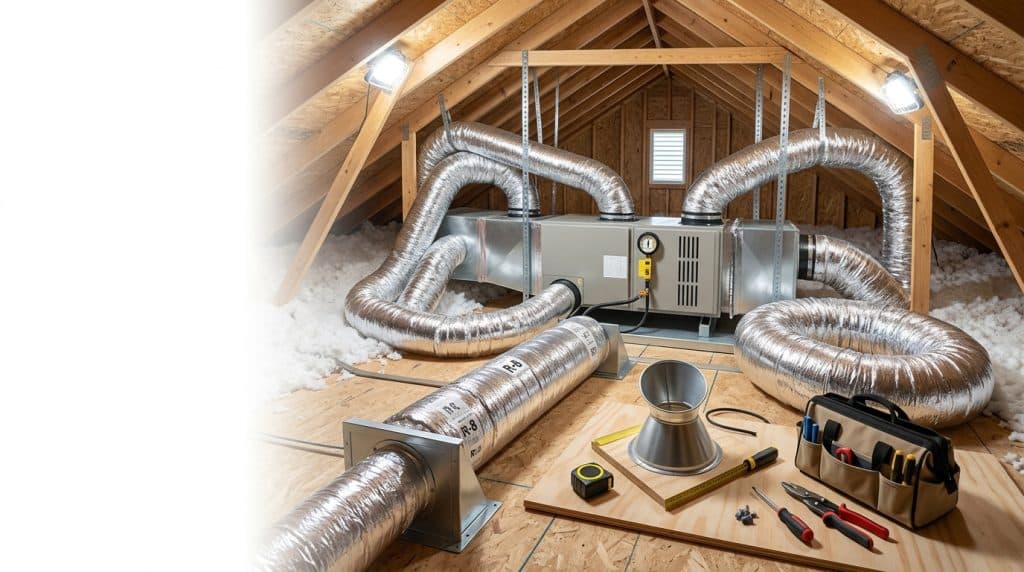 An attic space with exposed wooden beams and insulation shows a residential HVAC installation in progress, featuring a central air handling unit connected to multiple silver flexible ductwork pipes that distribute heated or cooled air throughout the home. Various tools and materials are scattered on the wooden floor, including a tape measure, tool belt, metal ductwork fittings, and installation supplies. LED work lights mounted on the beams illuminate the construction area, while ventilation louvers and wooden roof framing are visible in the background.