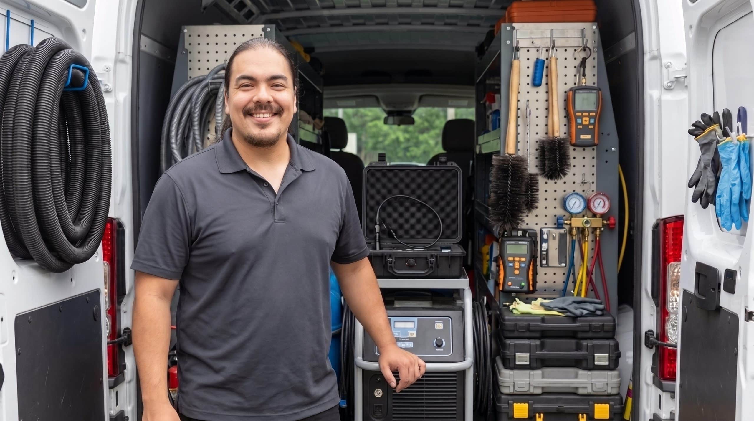 A smiling HVAC technician stands in the open rear doors of a white service van, surrounded by professional equipment and tools. The van's interior displays organized pegboards with various instruments including multimeters, gauges, brushes, and hand tools, along with coiled tubing and a diagnostic case. The technician wears a dark polo shirt and appears ready for service calls, with green foliage visible through the van's windshield in the background.