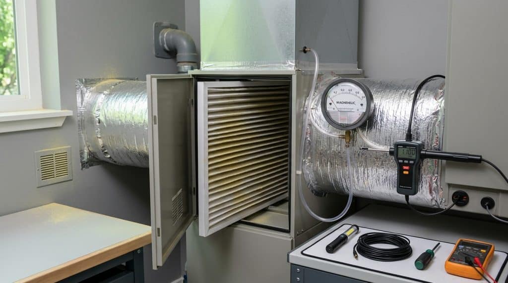 A laboratory setup showing an environmental testing chamber with its door open, revealing horizontal louvered filters inside. Insulated aluminum ducting connects the chamber to measurement instruments mounted on the wall, including a analog pressure gauge and digital monitoring device, while various testing tools and an orange multimeter are arranged on the work surface below.