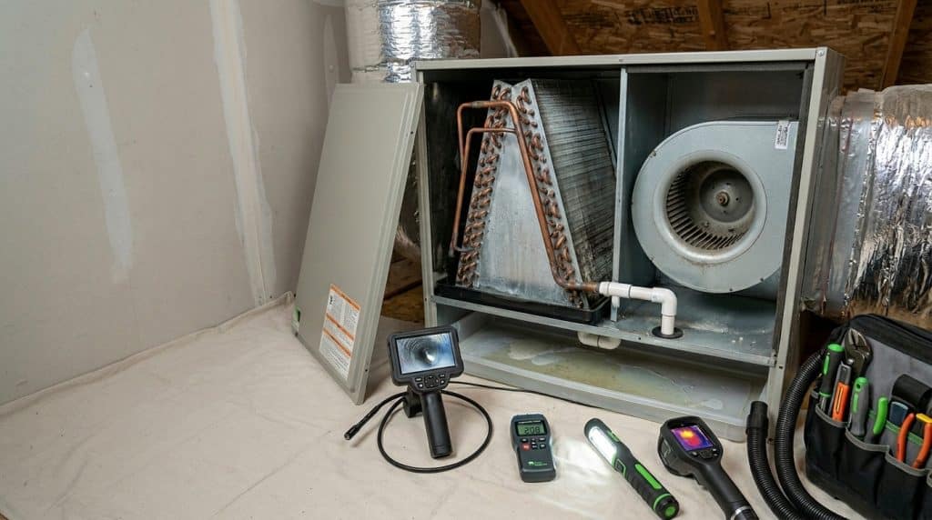 A technician's workstation showing an open HVAC unit with internal components including copper coils and a centrifugal fan, accompanied by diagnostic tools such as an inspection camera, multimeter, thermal imaging camera, and a flashlight arranged on a white surface in front of the unit.