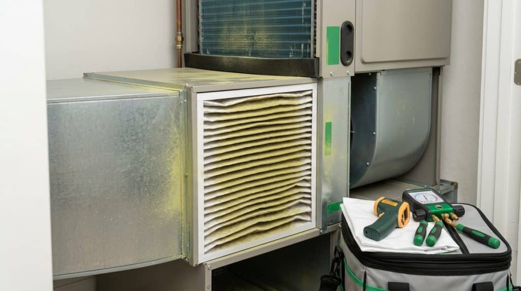 An HVAC technician's workstation showing an open air handling unit with a clean pleated air filter exposed, alongside a green and black tool bag containing various diagnostic instruments and testing equipment positioned on a white cloth surface in what appears to be an indoor installation or maintenance space.