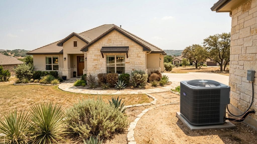 A modern single-story residential home with stone and stucco exterior features a metal roof and sits on a dry, landscaped lot in a rural Texas hill country setting. An HVAC air conditioning unit is prominently positioned in the foreground on the right side of the image. The property is surrounded by native drought-resistant vegetation including yucca and sage plants, with additional homes visible in the distance across the sparse terrain.