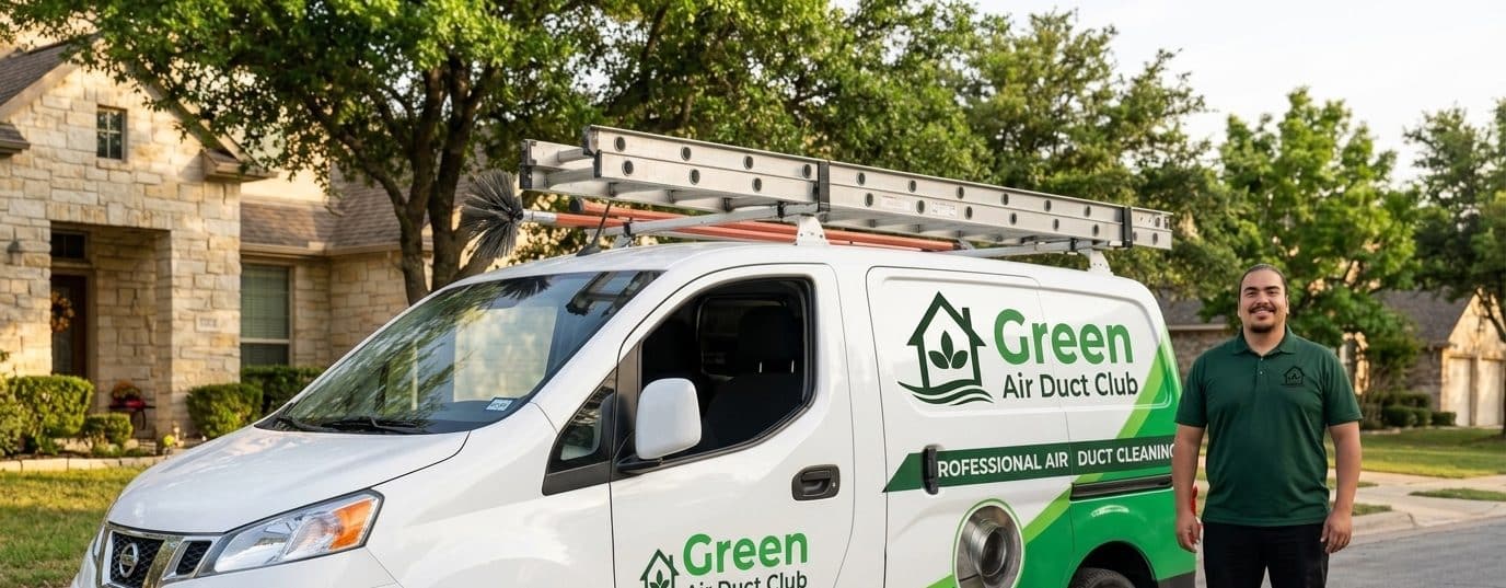 A service technician in a green polo shirt stands next to a white and green branded service van for "Green Air Duct Club," a professional air duct cleaning company. The van is parked in front of a stone residential home with mature trees in the background. The vehicle displays the company's logo and services on its side panels.