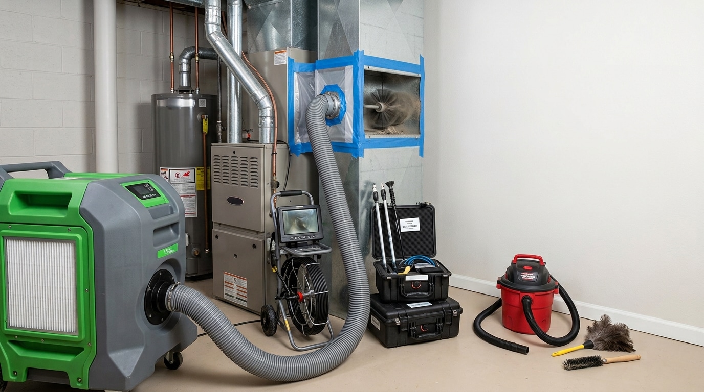 A professional HVAC diagnostic and cleaning setup in an indoor space, featuring a green and gray dehumidifier on the left, a central furnace unit with connected ductwork, diagnostic equipment including a thermal imaging camera on a mobile cart, and cleaning tools including a red wet/dry vacuum and brushes arranged on the floor. The equipment is arranged in a service technician's workspace with white brick walls and mounted ductwork visible above.