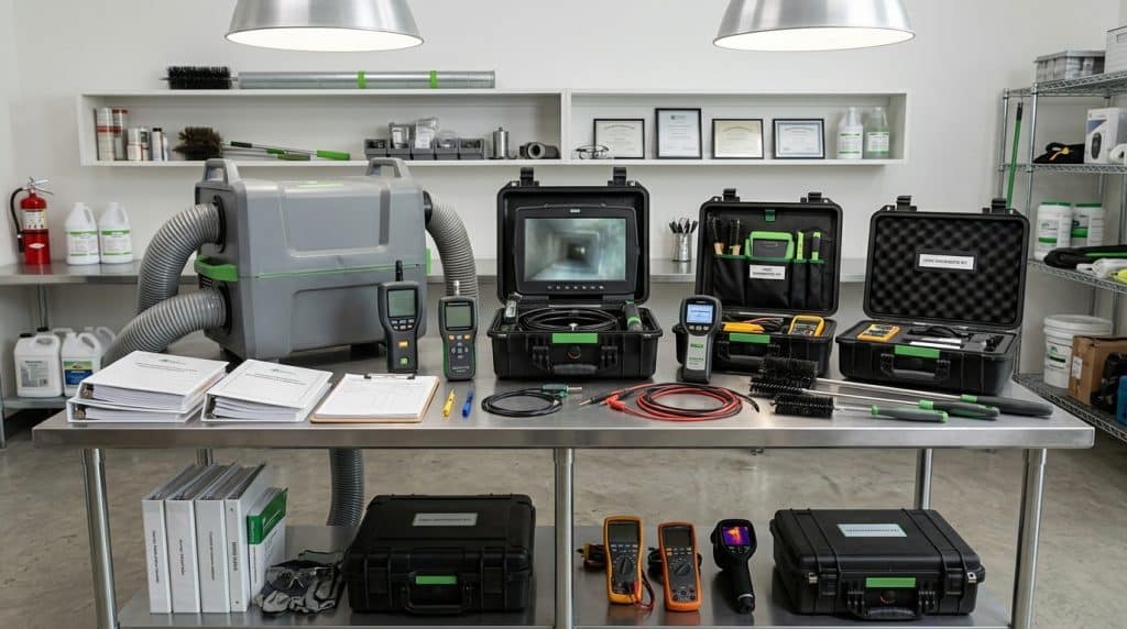 A professional diagnostic and testing equipment workstation displays various HVAC and electrical tools organized on a stainless steel table beneath wall-mounted shelving. The setup includes thermal imaging cameras, digital multimeters, combustion analyzers, inspection cameras, tool cases, and documentation, with additional storage bins and supplies visible on shelves and a lower shelf. The well-lit workspace features industrial pendant lighting and is set up in what appears to be a service technician's workshop or training facility.