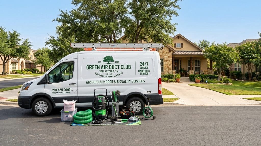 A white service van for Green Air Duct Club, an air duct and indoor air quality services company in San Antonio, TX, is parked in a residential driveway displaying its equipment spread out on the ground, including green hoses, cleaning machines, and tools. The established in 2009 company offers 24/7 emergency services and displays a contact number 210-555-0109 on the vehicle. The professional setup demonstrates the range of HVAC maintenance equipment used for duct cleaning and air quality improvement services in typical suburban neighborhoods.