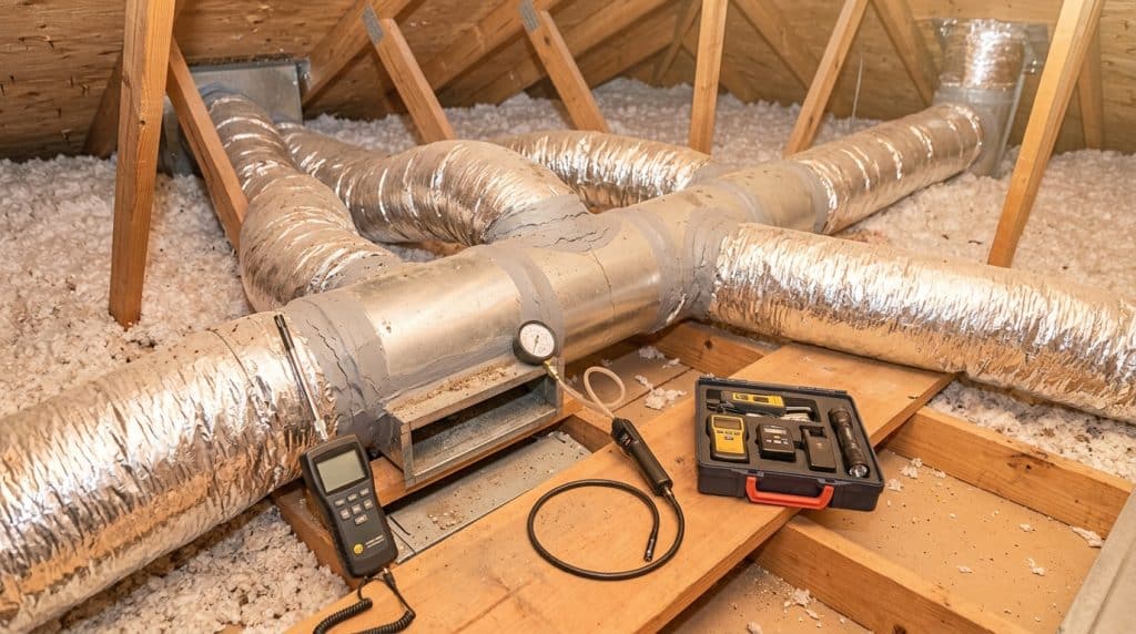 An attic inspection setup showing HVAC ductwork wrapped in silver insulation material, with wooden roof trusses and white insulation visible in the background. Testing equipment including a digital manometer and what appears to be an HVAC diagnostic tool are positioned on a wooden platform in the foreground, used for measuring airflow and system performance in the residential ventilation system.