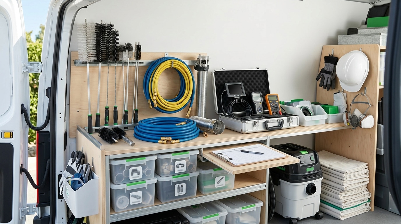 A well-organized service van interior displays a comprehensive collection of professional tools and equipment mounted on wooden storage panels. The workspace includes various brushes and cleaning supplies on a magnetic strip, coiled hoses, electrical testing equipment in cases, a white hard hat, work gloves, and multiple clear plastic storage containers with labeled contents arranged on shelves below. The setup appears designed for a skilled tradesperson, possibly an electrician or HVAC technician, with everything neatly organized for easy access and portability.