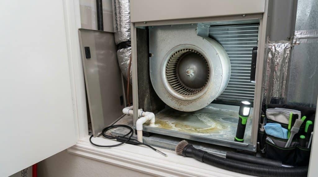 Interior view of an HVAC system housing showing a large circular inline duct fan with visible dust accumulation on its housing and surrounding surfaces, accompanied by white PVC piping, black flexible ducting, and cleaning supplies stored in a caddy on the right side. The metal-lined compartment displays signs of wear and neglect, with discolored surfaces and debris indicating the system requires maintenance or cleaning.