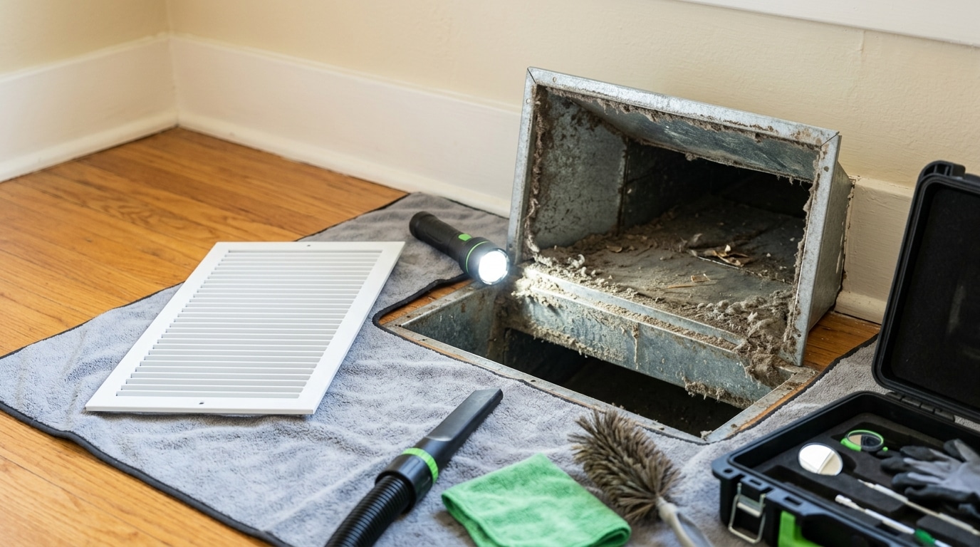 A residential inspection setup showing an open HVAC duct with visible dust and debris accumulation, displayed on a gray cloth with inspection tools including a flashlight, duct brush, green cleaning cloth, air filter, and a black case containing diagnostic equipment, positioned on a wooden floor next to white baseboard trim.