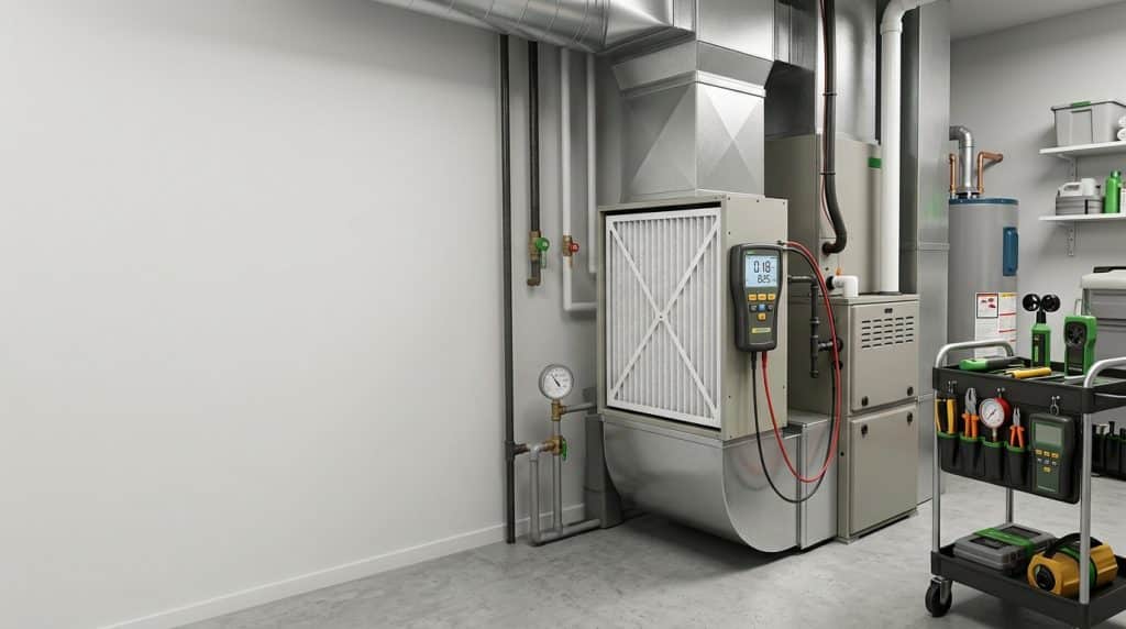 A professional HVAC technician's workshop showing a large residential furnace unit with an attached air filter and digital multimeter for diagnostics. The room features organized shelving with supplies, various testing equipment including pressure gauges, and a mobile tool cart stocked with instruments and safety gear on the right side. Metallic ductwork and piping extend from the ceiling, illustrating a fully equipped service area for heating and cooling system maintenance and repair.