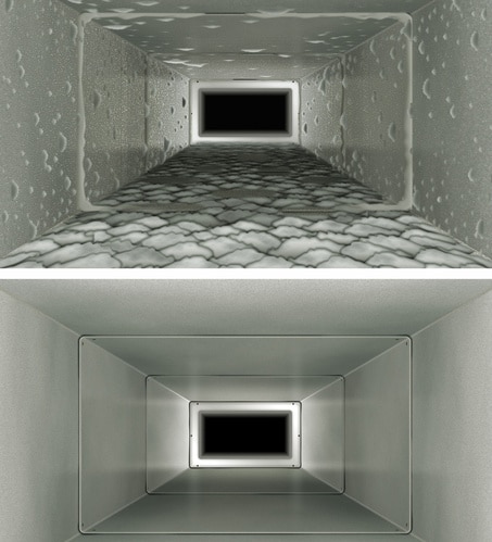 Two perspective views of an industrial duct or tunnel with concrete walls and floor. The top image shows a textured or patterned floor surface leading toward a rectangular light opening in the distance, while the bottom image displays a smooth, plain floor with similar architectural perspective and lighting. Both views illustrate depth and vanishing point photography of what appears to be HVAC ducting or underground infrastructure.