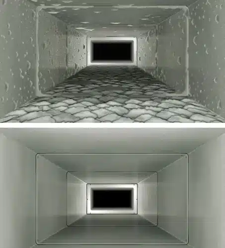 Two side-by-side interior photographs showing the same concrete tunnel or corridor from different perspectives. The top image displays a textured floor with a honeycomb or bubble-like pattern, while the bottom image shows a smooth, clean concrete floor. Both images feature white walls, a bright rectangular opening or window at the far end, and recessed ceiling lighting, appearing to be architectural or construction documentation.