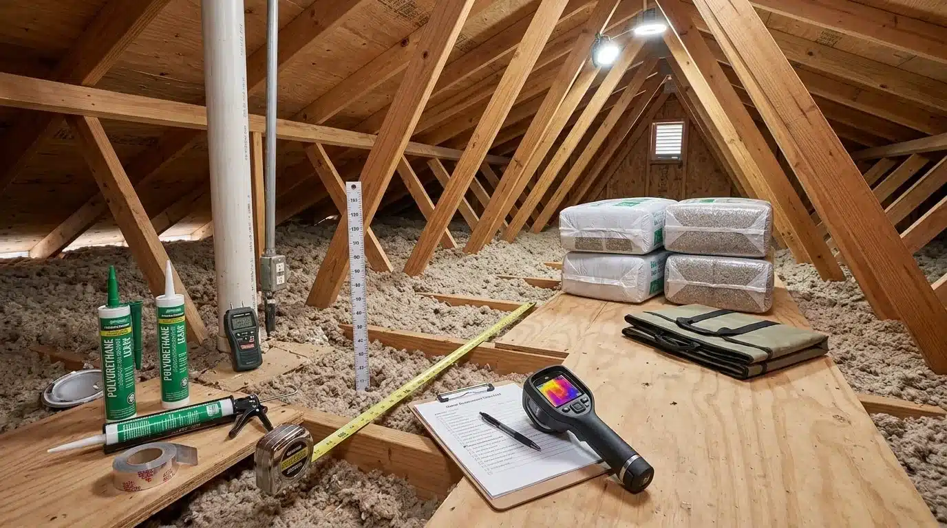 Attic with wooden trusses and insulation, with a thermal camera and tools on a work table