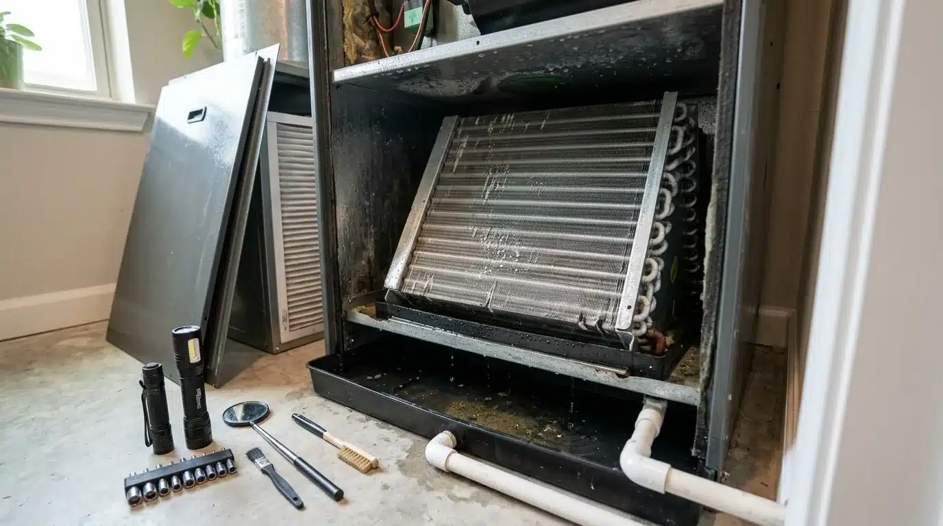 Open indoor HVAC unit with exposed evaporator coil, drain pan and cleaning tools on the floor.
